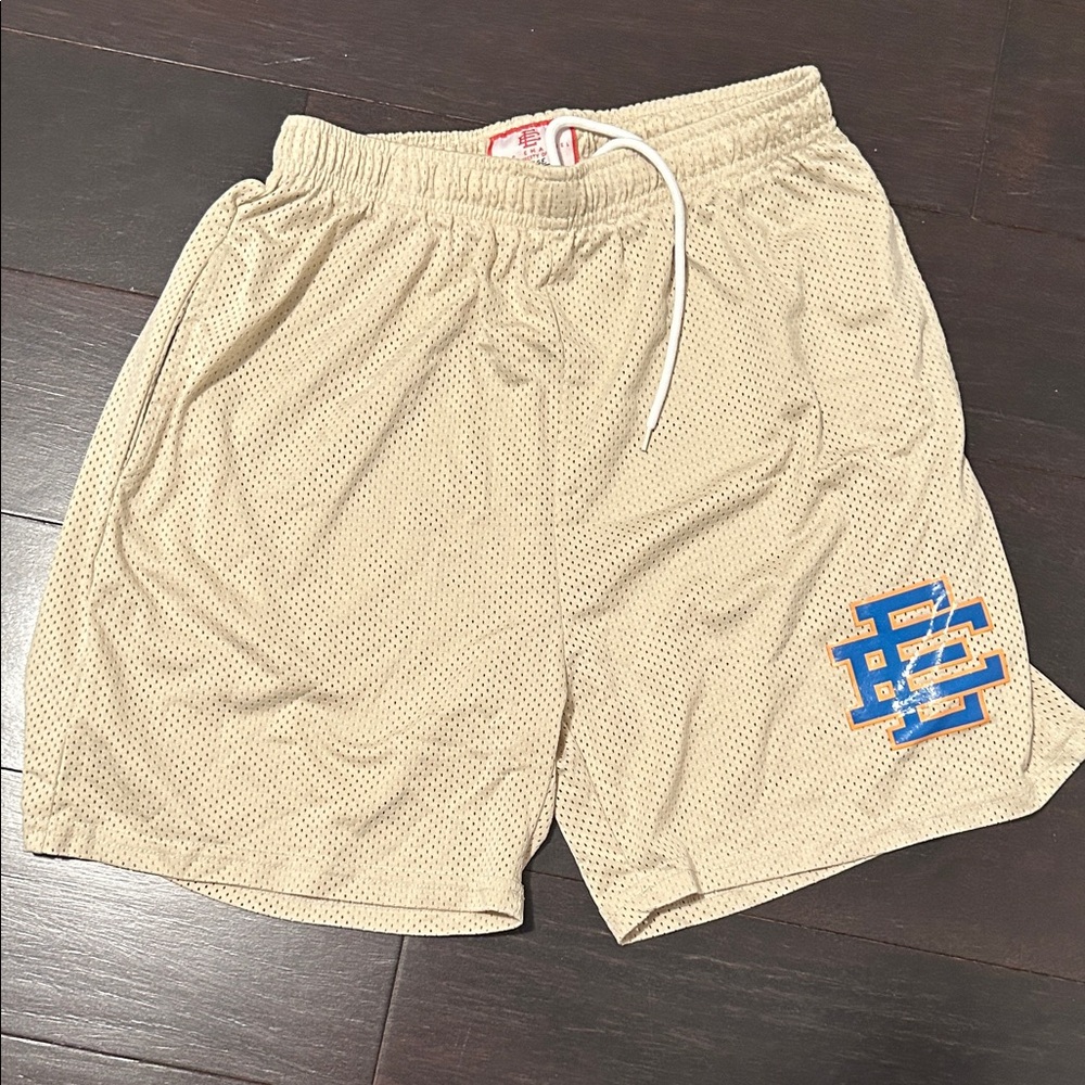 Eric Emanuel Men’s Beige Mesh Athletic Shorts with Blue Logo